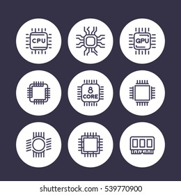 Chipsatz, CPU-Line-Symbole, Mikrochip, GPU, 8-Core-Prozessorpiktogramme auf Weiß, Vektorillustration