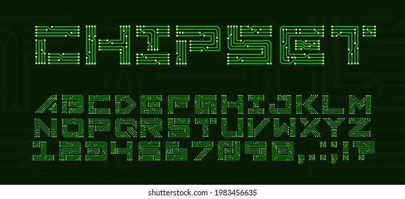 Chipset Font With Circuit Board Letters. Techno ABC With Electronics Motherboard, Digital Network Font And Type, Computer Technology, Virtual And Futuristic Typography Letters, Digits And Symbols