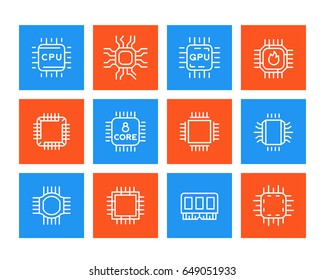 Chipset, microchip, cpu line icons set