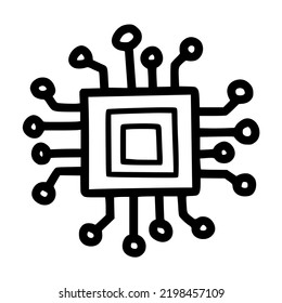 chipset or microchip with line circuit lineart vector illustration icon design with doodle hand drawn style