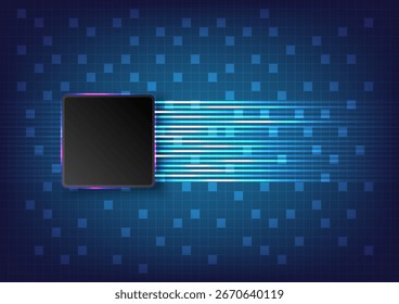 Chipset sobre línea de luz óptica sobre fondo de rejilla.