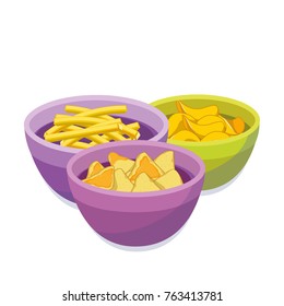 Chips,French fries, Corn Chips in 
color bowls