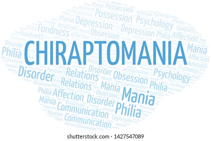 Chiraptomania word cloud. Type of mania, made with text only.