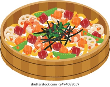 El sushi Chirashi es un tipo de sushi que se hace con arroz vinagre, espolvoreado con tamago y algas marinas, y rematado con ingredientes como Pequeños trozos de sashimi o camarones.