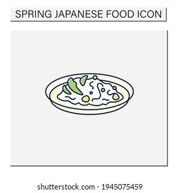 Chirashizushi color icon.Scattered sushi. Rice spread on plate, seafood and vegetables. Sushi salad.Traditional dish.Spring Japanese food concept. Isolated vector illustration