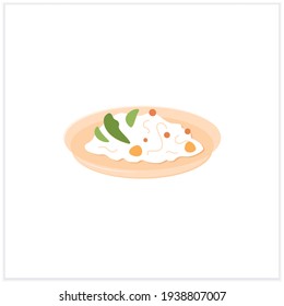 Chirashizushi flat icon.Scattered sushi. Rice spread on plate, seafood and vegetables. Sushi salad.Traditional dish.Spring Japanese food concept. Vector illustration