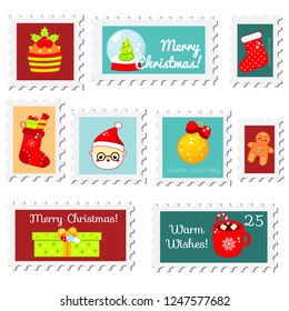Chiristmas postal stamps. New year postage stamps with cute seasonal symbols Santa, socks, gifts and other. Vector collection for winter holidays design, scrapbook and other