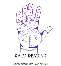 Chiromancy design concept with hand drawn human palm painted lines and occult symbols flat vector illustration 