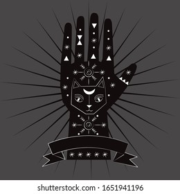 Chiromancy and good luck charms. Palmistry graphic design, cat, feline animal spirit, familiar good luck poster. Use for fabric, wallpaper, posters.