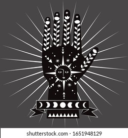 Chiromancy and good luck charms. Palmistry graphic design, sun and moon, moon phases, good luck poster. Use for fabric, wallpaper, posters.