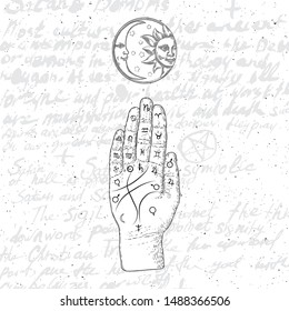 Chiromancy hand, ancient palm reading drawing and spiritual symbols. Divination and prediction, palmistry map on open hand with signs of the planets. Magic witchcraft writing background. Vector. 