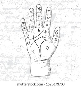 Chiromancy hand, ancient palm reading drawing and spiritual symbols. Divination and prediction, palmistry map on open hand with signs of the planets. Magic witchcraft writing background. Vector. 