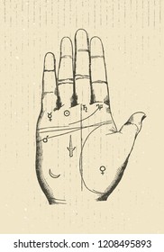 Chiromancy Hand Vector Rough Vector Vintage Illustration Design On Textured Background. Esoteric Concept