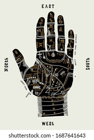 Chiromancy palm detailed vintage illustration. Palmistry vector illustration t-shirt print.