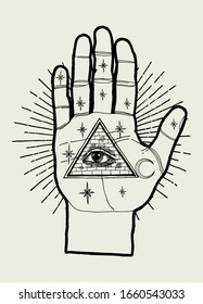 Chiromancy palm with eye of providence in the triangle and stars and moon in the vintage rays. Occult illustration.