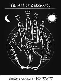 Chiromancy. Palmistry tattoo hand, esoteric occult black vector poster