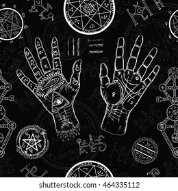 Chiromancy seamless background with human hands, pentagram and mystic symbols on black. Hand drawn repeated illustration with life lines on palms