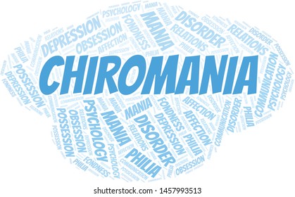 Chiromania word cloud. Type of mania, made with text only.