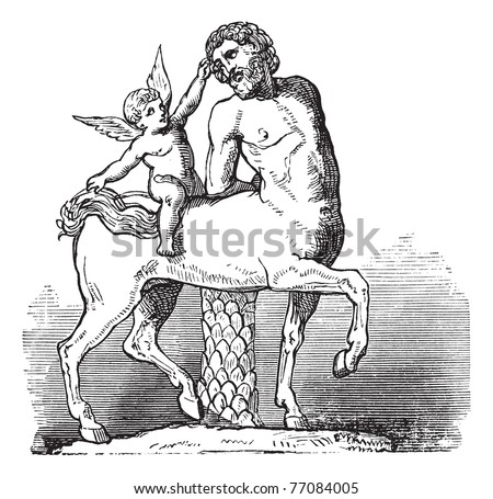 Chiron Centaur and Cupid statue or Furietti Centaurs and cupid vintage engraving. Old engraved illustration of Chiron centaur and cupid statue, 1800s. Trousset encyclopedia.