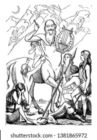 Chiron was mythological centaur but he was wise and had great knowledge of music, medicine and also prophecy, vintage line drawing or engraving illustration.