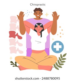 Chiropractic concept. A person performs an adjustment on a patient for spinal health. Illustration of holistic therapy and wellness. Vector illustration.