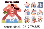 Chiropractic illustration showcasing various aspects of treatment including patient examination, spinal health, therapeutic techniques, and lifestyle integration. Emphasizes holistic well-being and