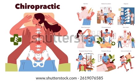Chiropractic illustration showcasing various aspects of treatment including patient examination, spinal health, therapeutic techniques, and lifestyle integration. Emphasizes holistic well-being and