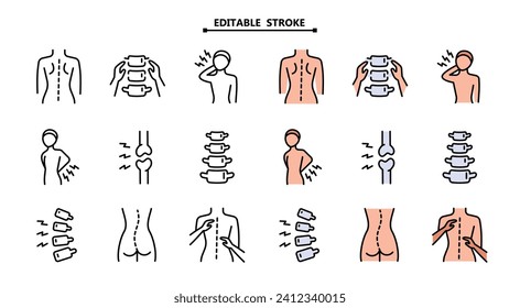 Chiropractic line icon set. Editable stroke. Chiropractor icons set. Outline set of chiropractor vector icons. Chiropractor, spline treatment, massage, Osteopath, Osteopathy, joint recovery, and more.