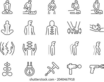 Chiropractic line icon set. Included the icons as Chiropractor, spline treatment,  massage, Osteopath, Osteopathy, joint recovery, and more. - Shutterstock ID 2040467918