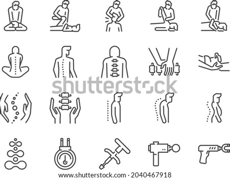 Chiropractic line icon set. Included the icons as Chiropractor, spline treatment,  massage, Osteopath, Osteopathy, joint recovery, and more.