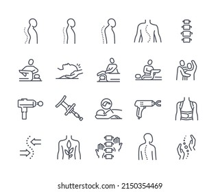 Chiropractic line icon set. Minimalistic stickers with spine, massage, bone and joint restoration and scoliosis. Medicine and treatment. Cartoon flat vector collection isolated on white background svg