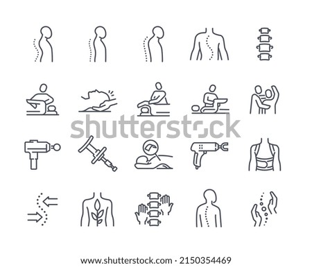 Chiropractic line icon set. Minimalistic stickers with spine, massage, bone and joint restoration and scoliosis. Medicine and treatment. Cartoon flat vector collection isolated on white background