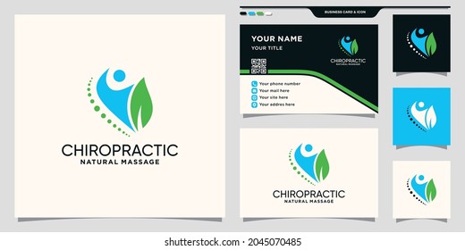 Chiropractic logo template with natural leaf and business card design Premium Vector