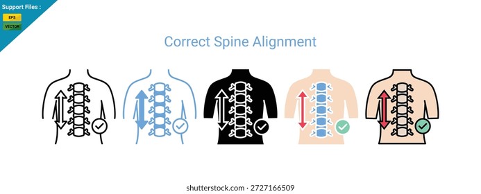 Icono de terapia de masaje quiropráctico con una espalda humana que muestra puntos de alineación de la columna vertebral para la corrección de la postura y el Vector de tratamiento del dolor de espalda