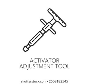 Icono de la medicina quiropráctica de la herramienta de ajuste del activador para la terapia de la manipulación de la columna vertebral, pictograma de la línea del Vector. Herramienta de ajuste del activador quiropráctico para el tratamiento de los músculos de la espalda del cuerpo y las articulaciones de la columna vertebral