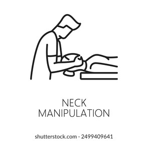 Chiropractic medicine icon of neck manipulation for chiropractor therapy, vector line pictogram. Chiropractic medical treatment and body orthopedic physiotherapy icon of neck massage or stretching