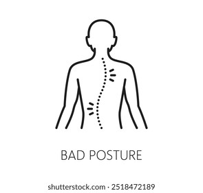 Icono de la medicina quiropráctica de la mala postura de la columna vertebral o de la escoliosis de la espalda, pictograma de la línea del Vector. Quiropráctico y quiropráctico símbolo médico de la patología espinal del cuerpo y curvatura anormal de la espalda