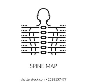 Icono de la línea de medicina quiropráctica del mapa detallado de la columna vertebral. Vector de la figura humana con líneas segmentadas que ilustran las vértebras espinales, destaca la anatomía, el análisis médico, la salud y el bienestar de la columna