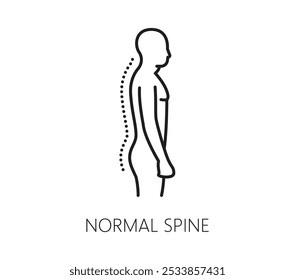 Icono de línea de medicina quiropráctica. Signo lineal de Vector que representa la vista lateral de una columna vertebral humana normal. El símbolo monocromo de la quiropráctica, la atención médica o la salud enfatiza la postura musculoesquelética adecuada