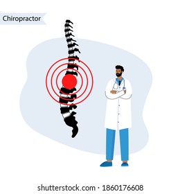 Chiropractic spine care logo for clinic. Doctor vertebrologist help. Spinal pain in backbone, physiotherapy, rehabilitation center vector illustration. Scoliosis, osteoporosis and vertebral problem.