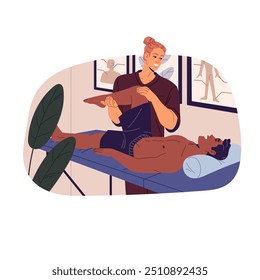 Chiropractic treatment on couch. Chiropractor does massage to patient. Osteopath, masseur does manual therapy in clinic. Physiotherapy, health. Flat isolated vector illustration on white background