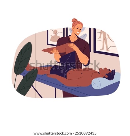 Chiropractic treatment on couch. Chiropractor does massage to patient. Osteopath, masseur does manual therapy in clinic. Physiotherapy, health. Flat isolated vector illustration on white background