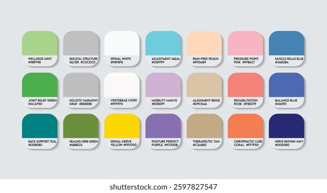 Chiropractor Color Guide Palette with Color Names. Catalog Sample of Chiropractors with RGB HEX codes and Names. Chiropractor doctor Color Palette, metal, plastic, clothes,caps, pastel Color Palette.