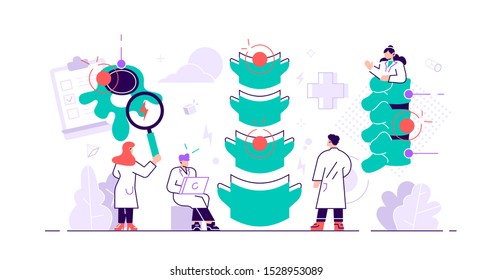 Chiropractor concept. Alternative medicine person. Spine pain, problems and disorders manual therapy. Anatomical patient body natural treatment from injury diagnosis. Flat tiny vector illustration 