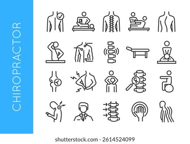 Chiropractor icons. Set of 20 Chiropractor trendy minimal icons. Example: Spine, Back, Massage, Bone Joint icon. Design signs for web page, mobile app, packaging design. Vector illustration.