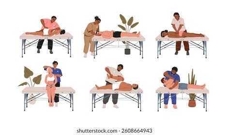 Chiropractor and patient on couch during manual therapy, physiotherapy. Osteopathy therapist, chiropractic orthopedic care. Bonesetter treatment. Flat vector illustration isolated on white background