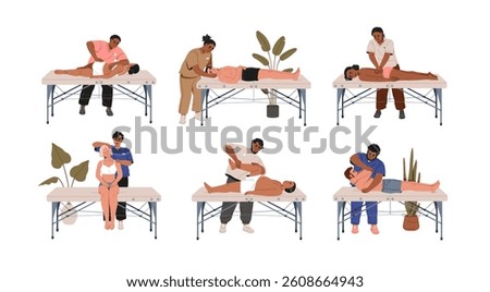 Chiropractor and patient on couch during manual therapy, physiotherapy. Osteopathy therapist, chiropractic orthopedic care. Bonesetter treatment. Flat vector illustration isolated on white background