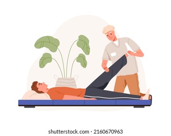 Chiropractor And Patient At Physiotherapy Rehabilitation. Physiotherapist Adjusting Leg. Rehab Chiropractic Therapy And Osteopathy Treatment. Flat Vector Illustration Isolated On White Background