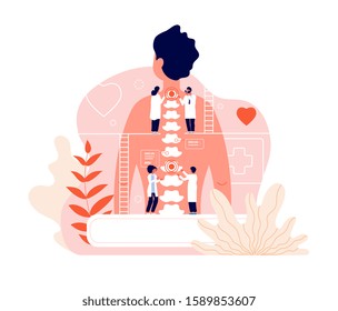 Chiropractor. Spine Disease Diagnosis Problems And Treatment Pain. Chiropractors And Back Of Patient. Natural Osteopathy Vector Concept