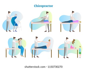 Chiropractor Vector Illustration Collection Set. Doctor, Therapist Or Masseur Exam Sick Person In Hospital Or Clinic. Isolated Medical And Anatomical Muscles And Bones Rehabilitation After Injury.